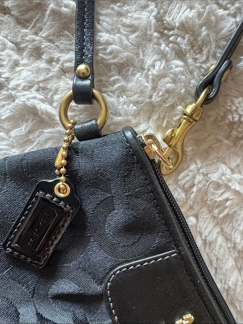 Coach Black Signature Jacquard Pleated Wristlet with Gold Hardware